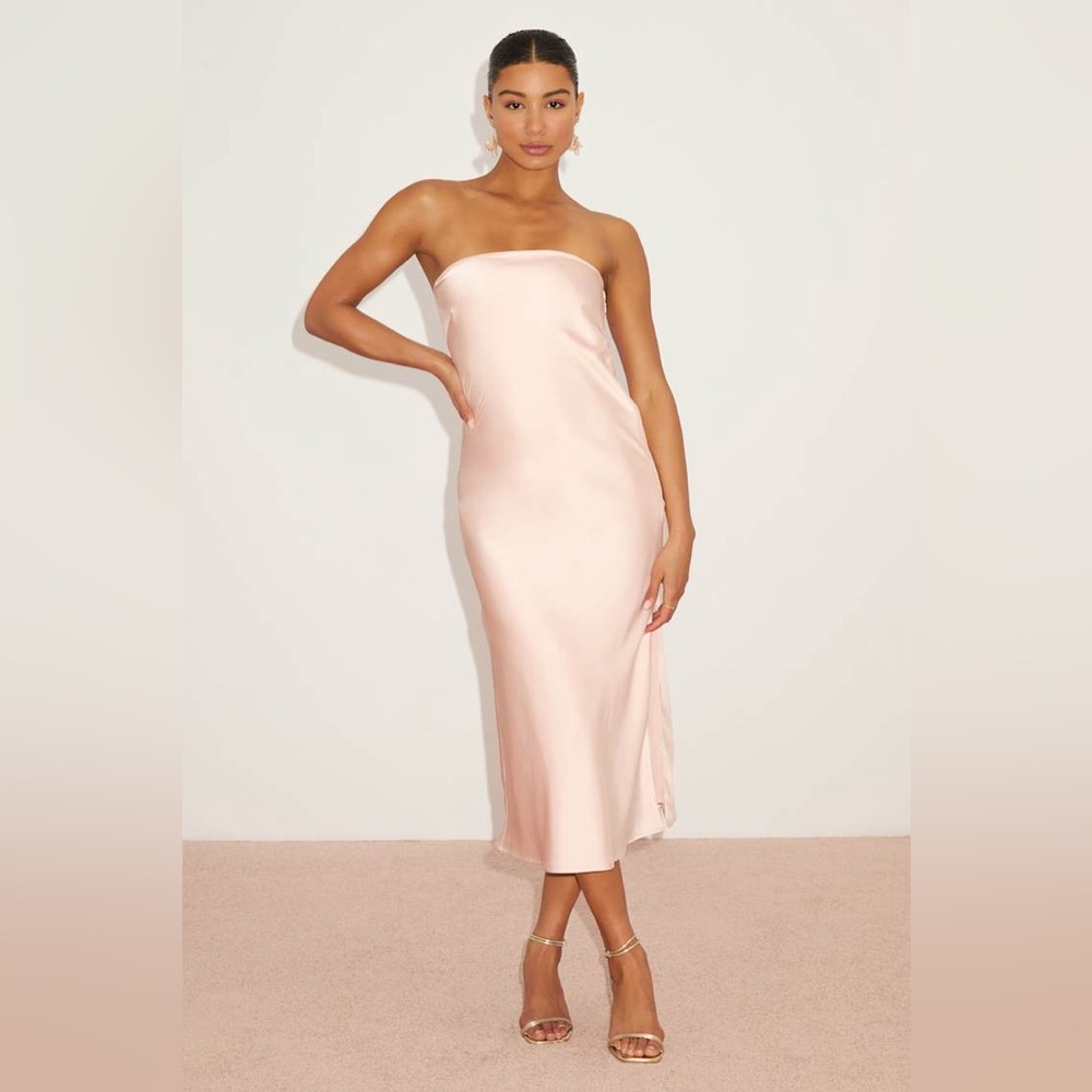 Lulu’s Effortless Bliss Blush Pink Satin Strapless Cowl Back Midi Dress Medium